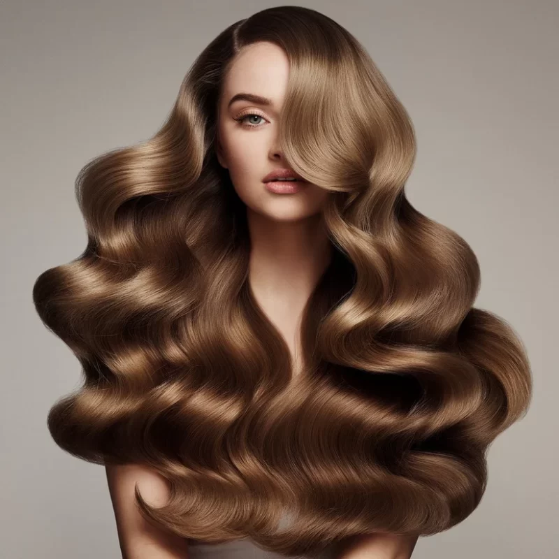 Close-up of wavy golden hair with soft, natural human hair extensions curls and a radiant shine